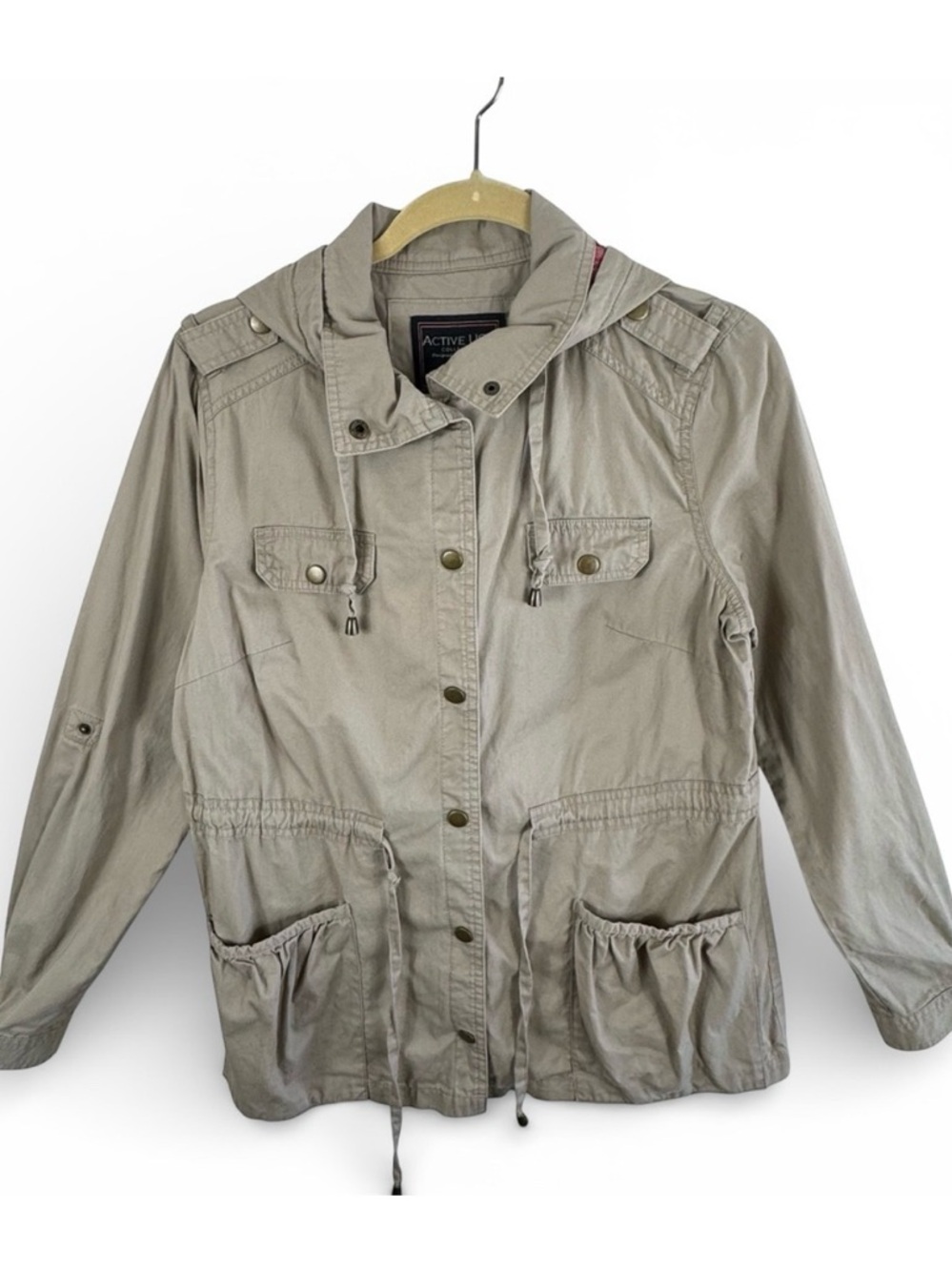 Active USA Collection Womens Tan Utility Anorak Jacket Plaid Lined Hooded Medium